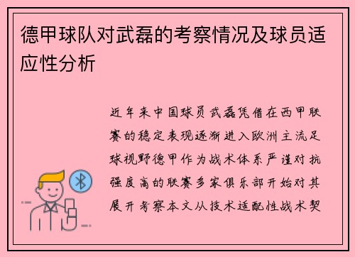 德甲球队对武磊的考察情况及球员适应性分析