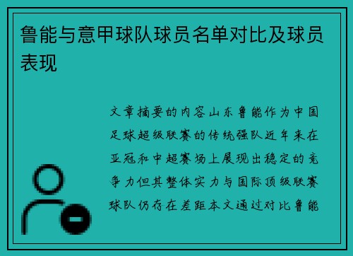 鲁能与意甲球队球员名单对比及球员表现